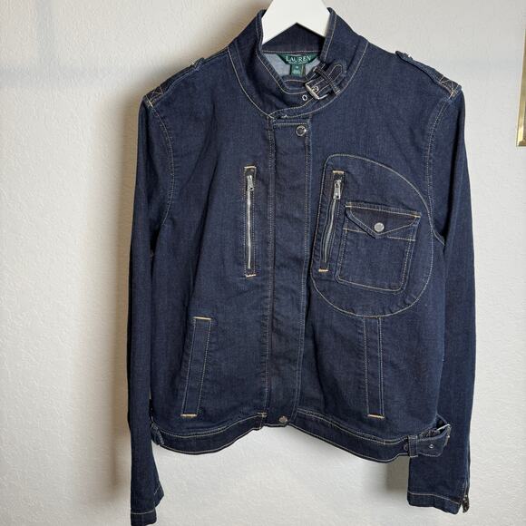 Lauren Ralph Lauren Denim Blue Jean Snap and Zip Motorcycle Jacket Size 16. NEW - Picture 2 of 10